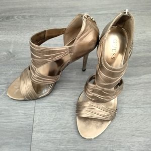 GUESS High Heels Sandals Gold Golden Metallic Zip Up Size 7.5 M